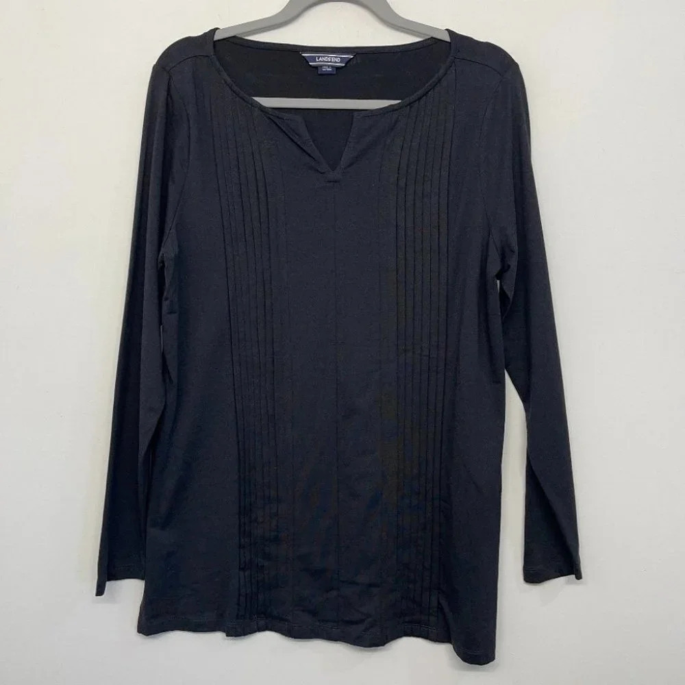 Lands End Pleated‎ Long Sleeve Shirt Black M